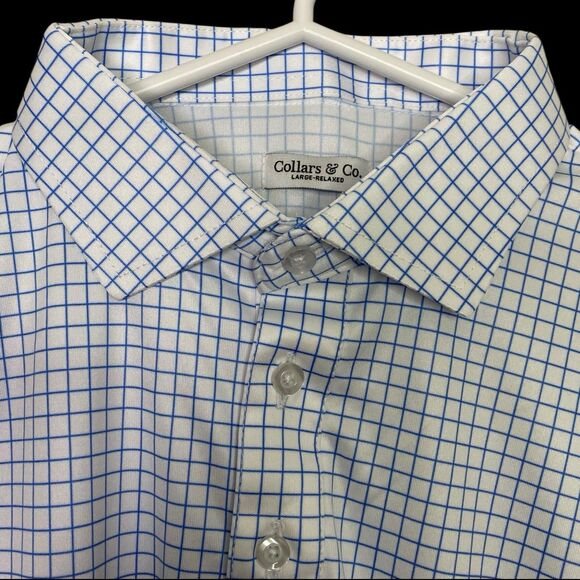 Collars & Co Polo Shirt Mens L Relaxed Blue Check Golf Preppy Dress Collar NEW - Picture 1 of 7